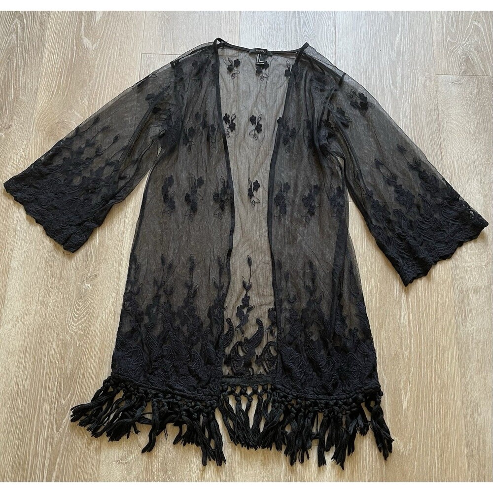 Forever 21 black sheer  lace cardigan with tassel fringe trim. Whimsigoth SM